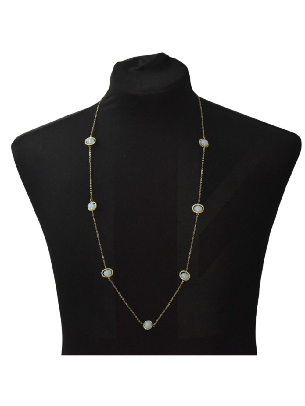 Gold Tone Opalescent Station Chain Necklace Bezel Set Long 38 Inch Layering
